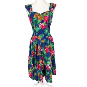 Royal Creations Tropical Sundress Womens S Blue Pineapple Hibiscus Tiki